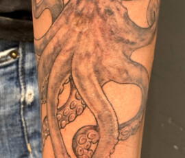 Tatouage d'un poulpe qui s'enroule autour de l'avant bras. Style réaliste en noir et ombre.