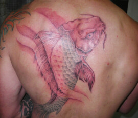 Tatouage poisson carpe dans le dos en noir et ombrages