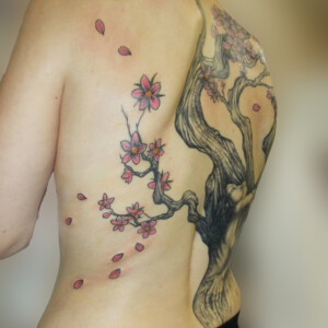 Tatouage cerisier en fleur dans le dos
