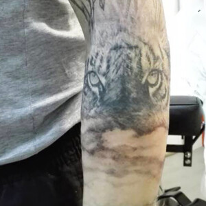 Tatouage bras intégral en noir et ombre : composition de fleurs, tigre et paysage