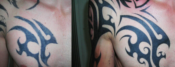 Amélioration des contours du tatouage, les pointes sont plus élégantes, les noirs plus uniformes.