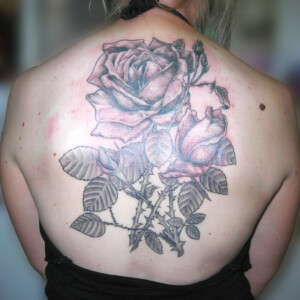 Tatouage rose dans le dos en noir et dégradés