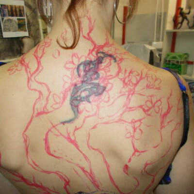 On prend bien soin que l'ancien tatouage est recouvert par le nouveau dessin.