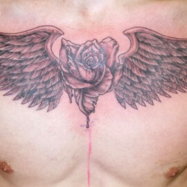Tatouage ails et rose sur les pectoraux